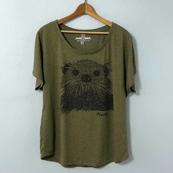 Marushka T Shirt Women XL Olive Green Sea Otter Alaska Graphic Print - Picture 1 of 9